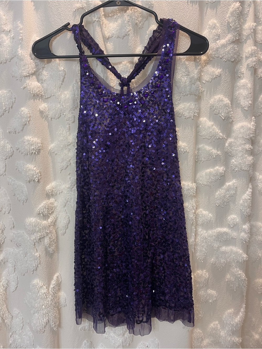 Purple mesh sequin mini dress with beaded neckline